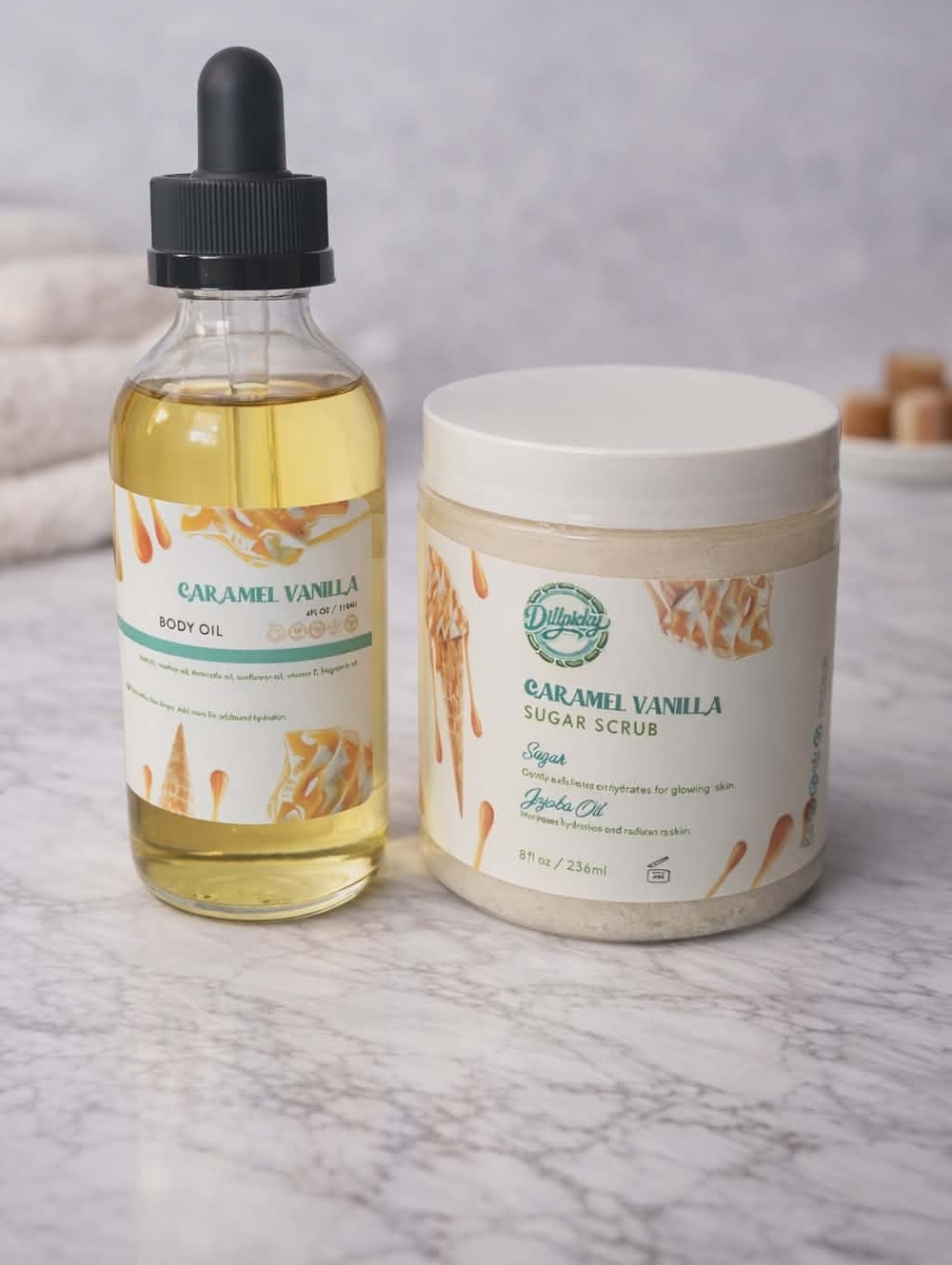 Dill Picky Aminnah Caramel Vanilla Sugar Scrub & Body Oil - White